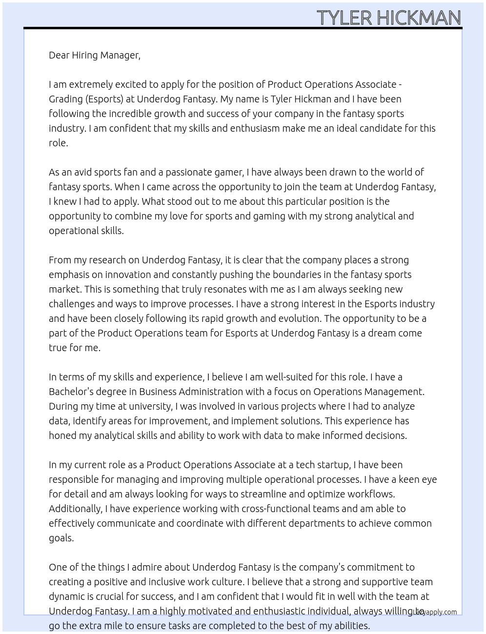 Product Operations Associate - Grading (Esports) At Underdog Fantasy Cover Letter
