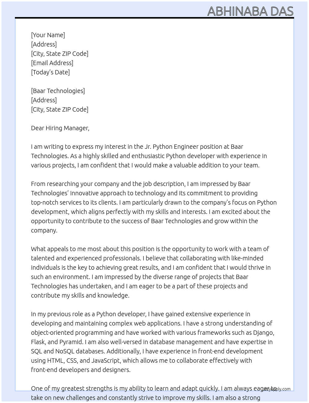 Jr. Python Engineer At Baar Technologies Cover Letter