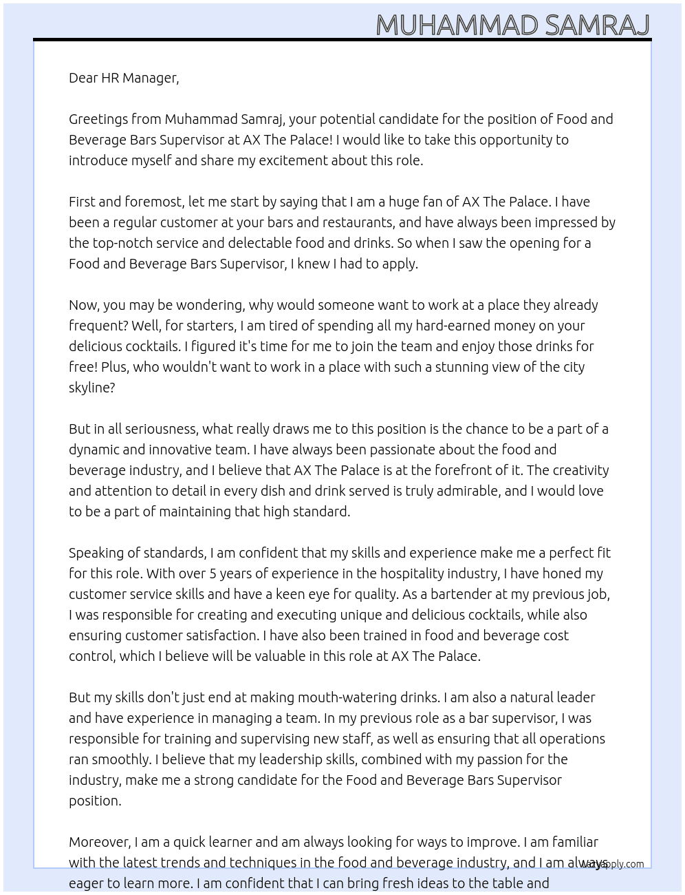 Food and Beverage Bars Supervisor At AX The Palace Cover Letter