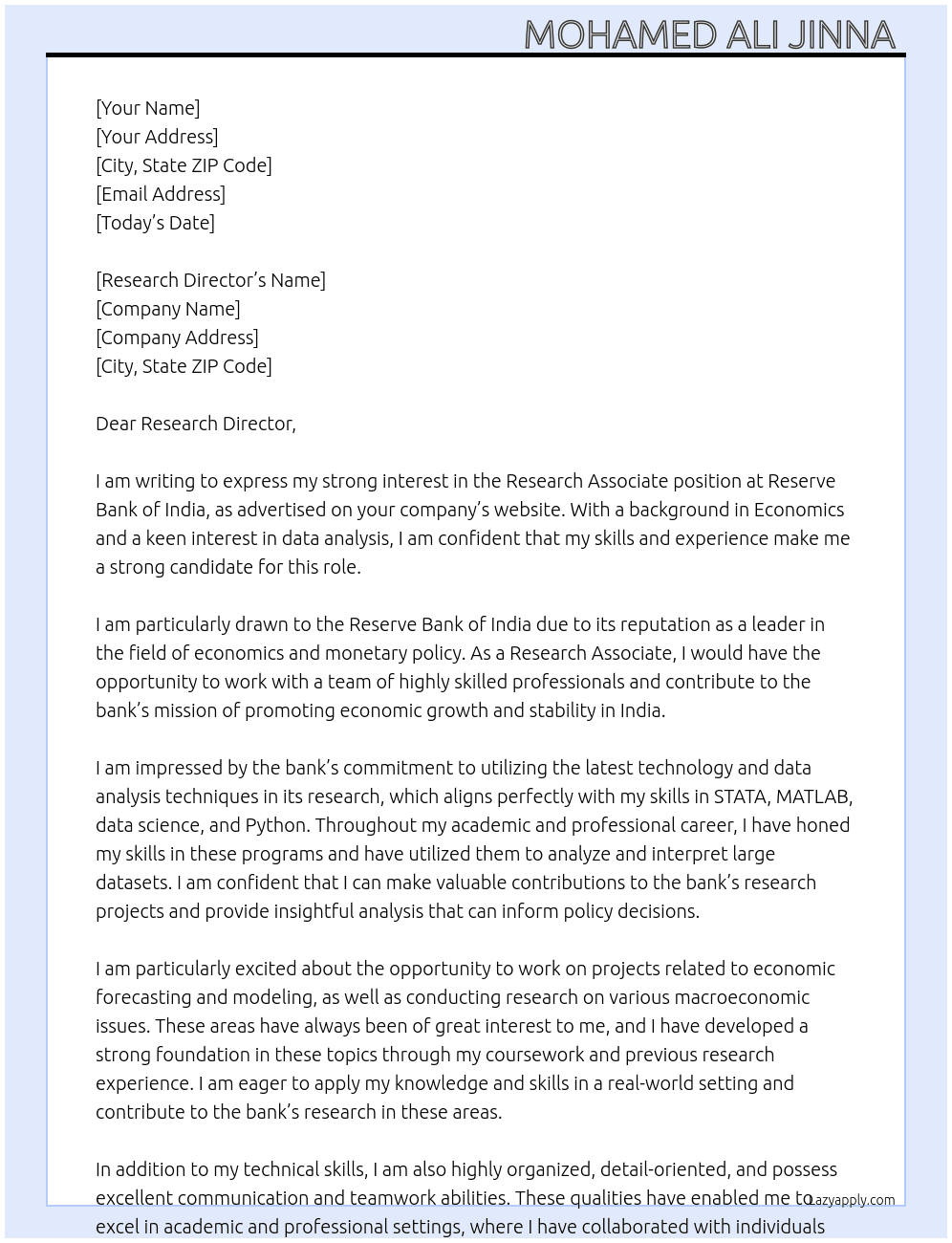 Research Associate  At Reserve Bank of India  Cover Letter