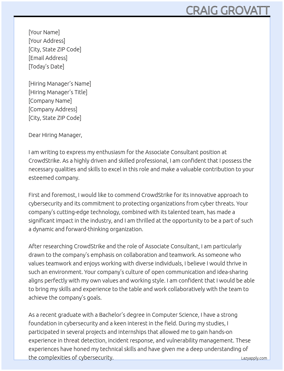 Associate Consultant At CrowdStrike Cover Letter