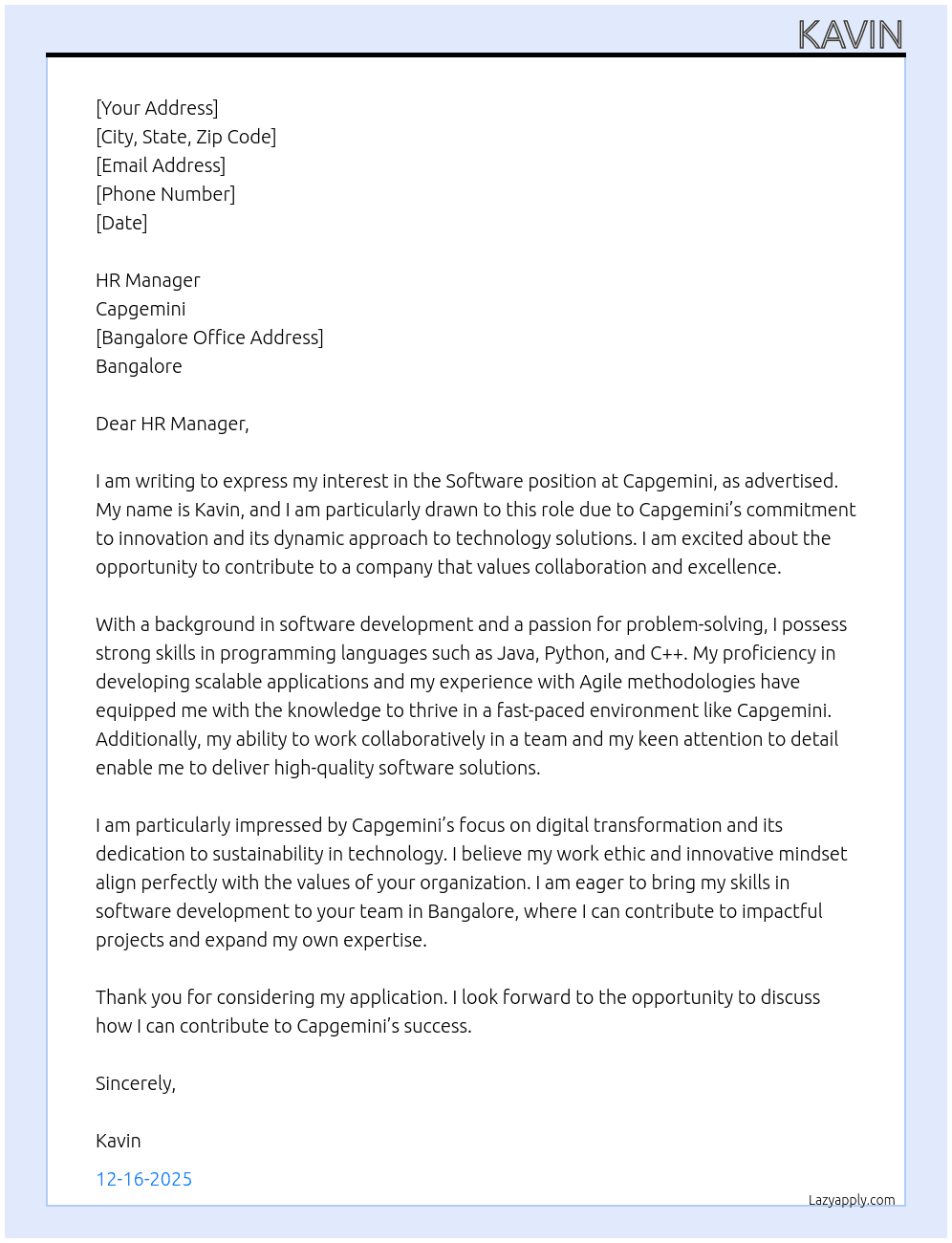 softwatre At capgeminei Cover Letter