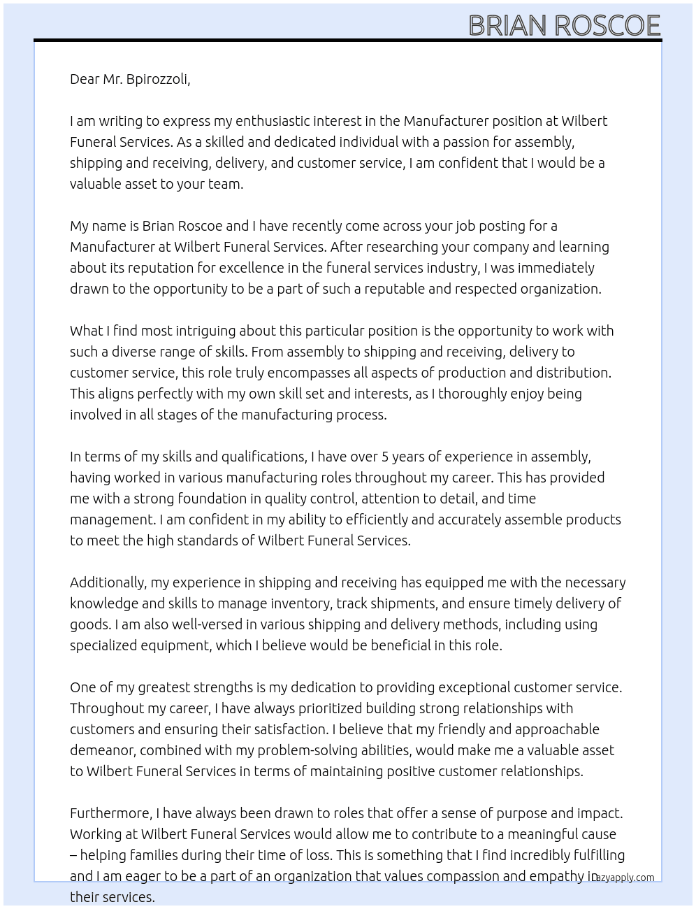 Manufacturer  At Wilbert funeral services Cover Letter