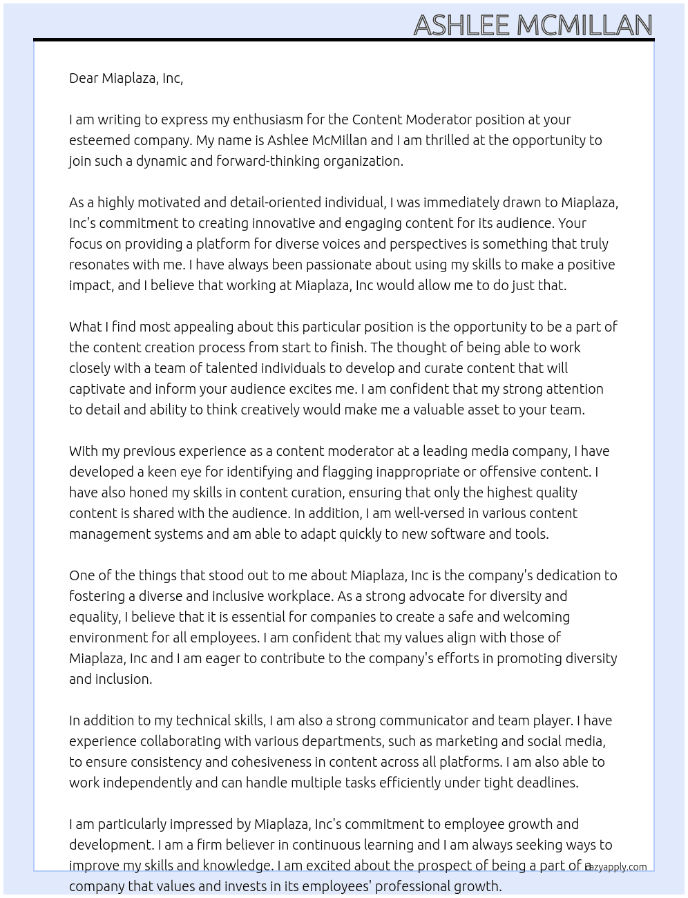 Content Moderator At Miaplaza, Inc Cover Letter