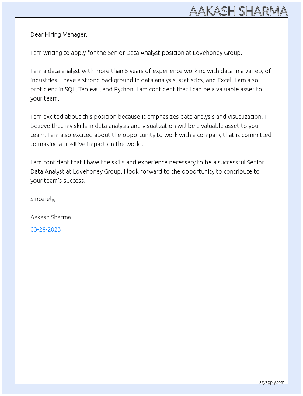 Senior Data Analyst At Lovehoney Group Cover Letter