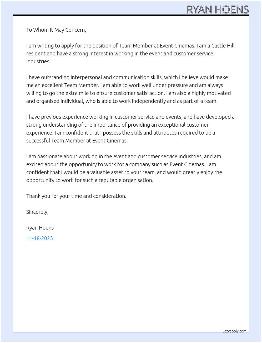 Team Member At Event Cinemas Cover Letter