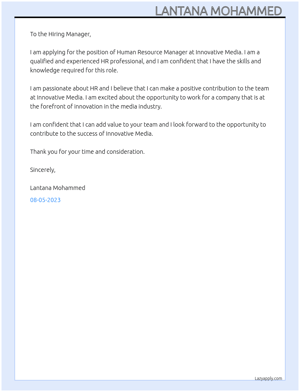 Human Resource Manager At Innovative Media Cover Letter