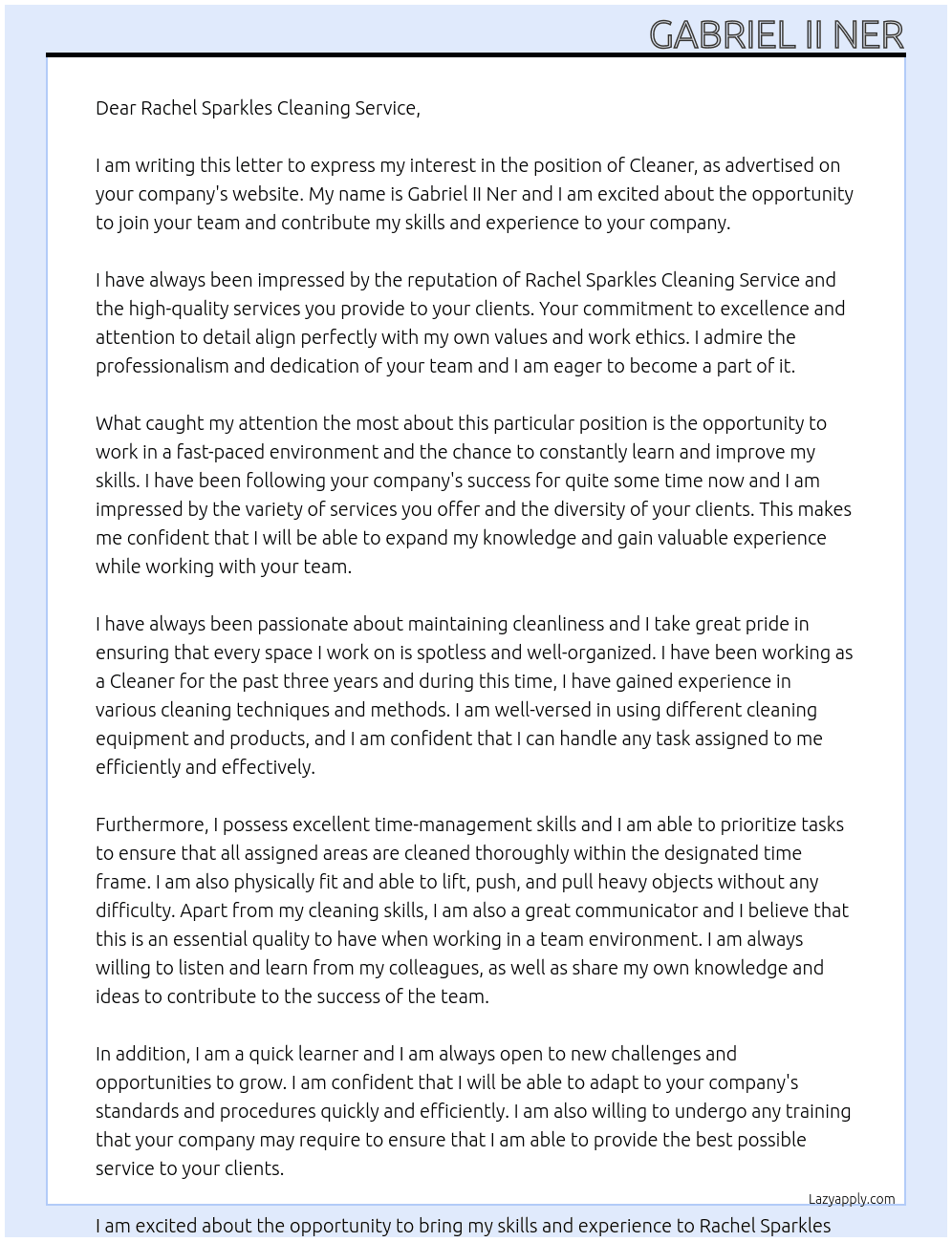 Cleaners At Rachel Sparkles Cleaning Service Cover Letter