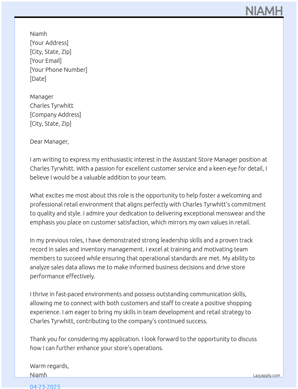 Assistant store manager  At Charles Tyrwhitt  Cover Letter