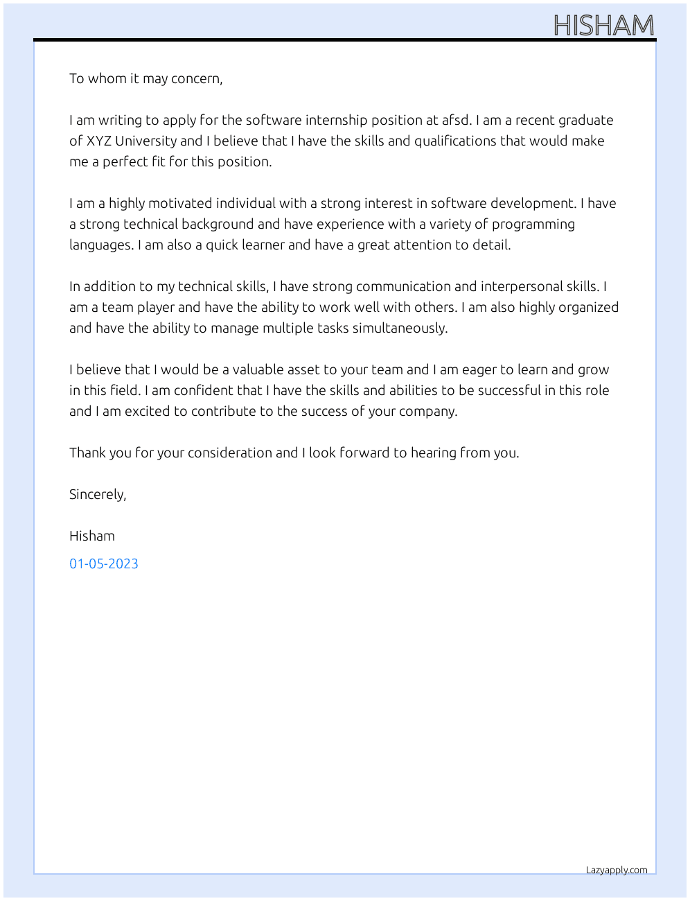 software internship At afsd Cover Letter