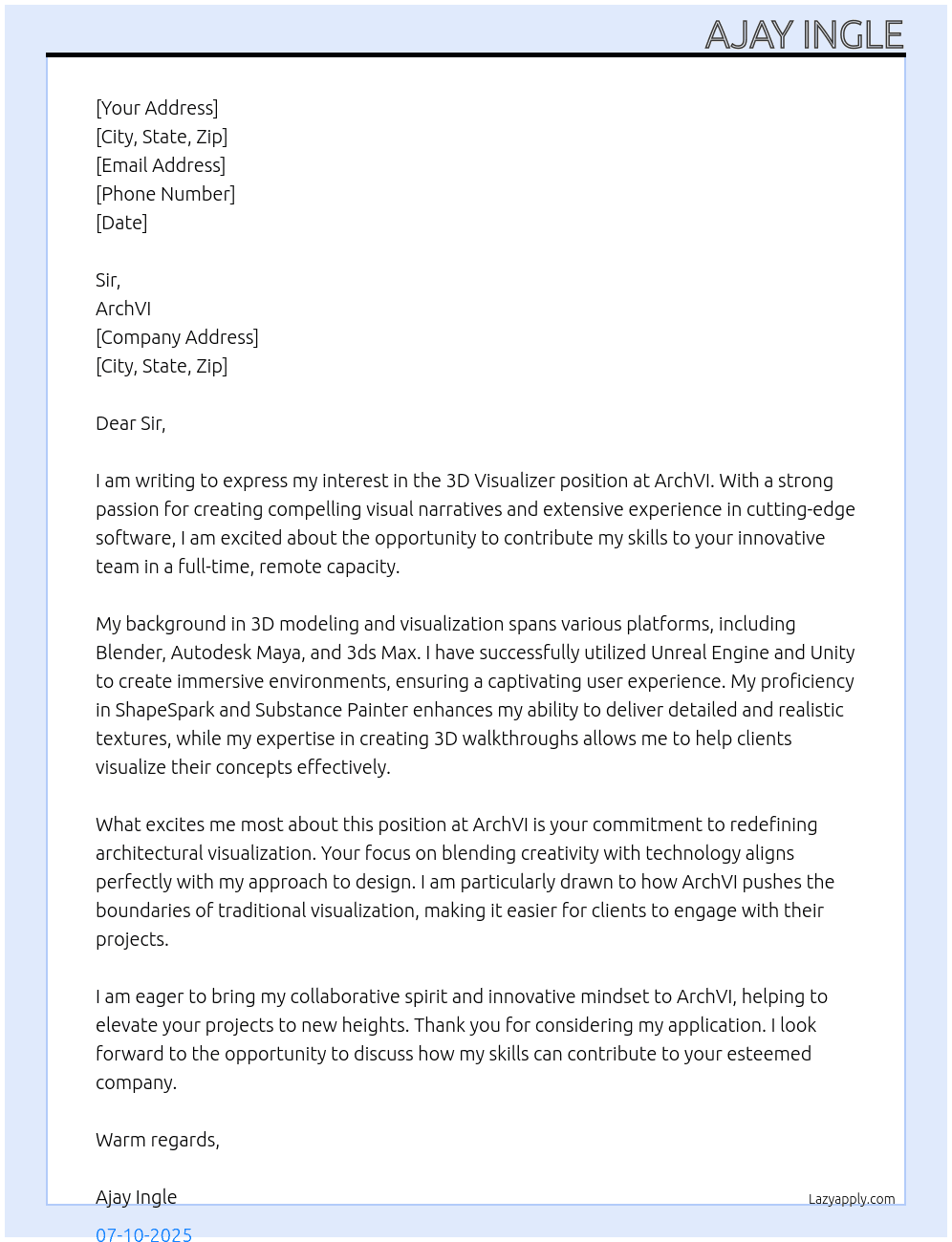 Cover letter for 3d visualizer - LazyApply