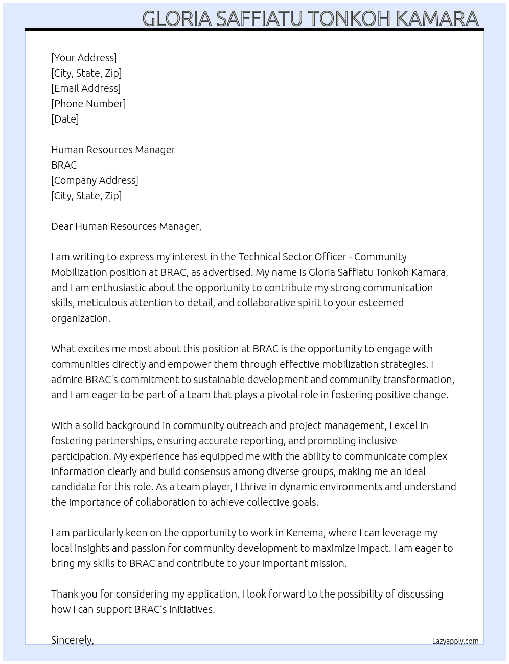 Technical sector officer -community mobilization  At BRAC Cover Letter