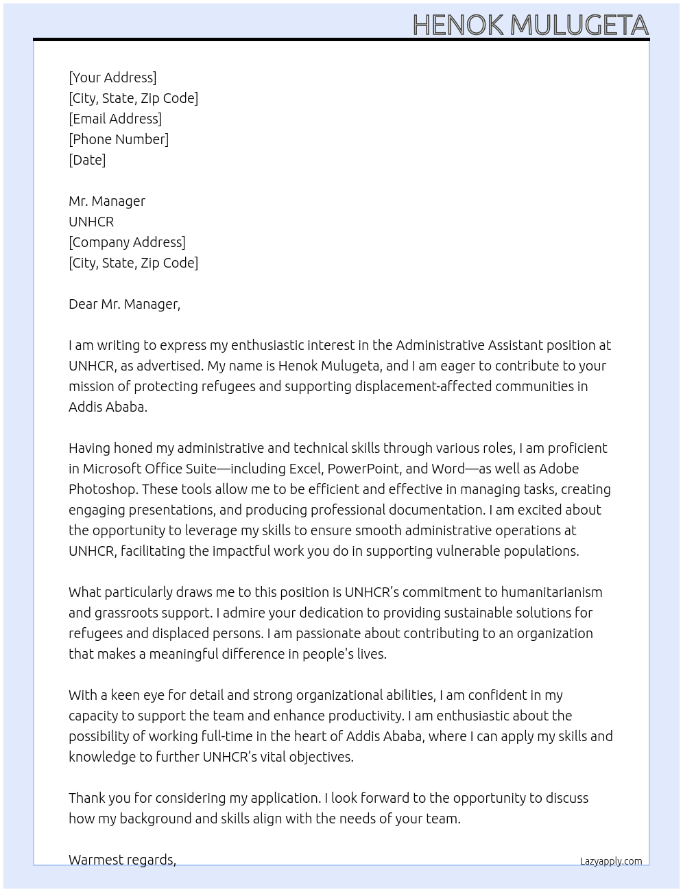 Administrative Assistant At UNHCR Cover Letter