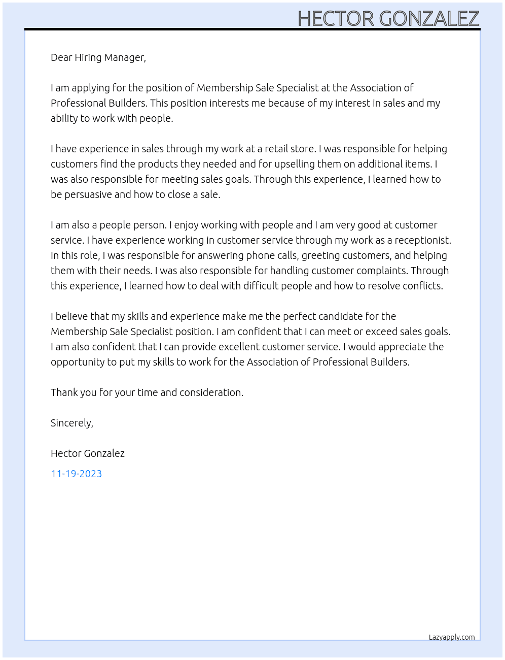 Membership Sale Specialist At Association of Professional Builders  Cover Letter