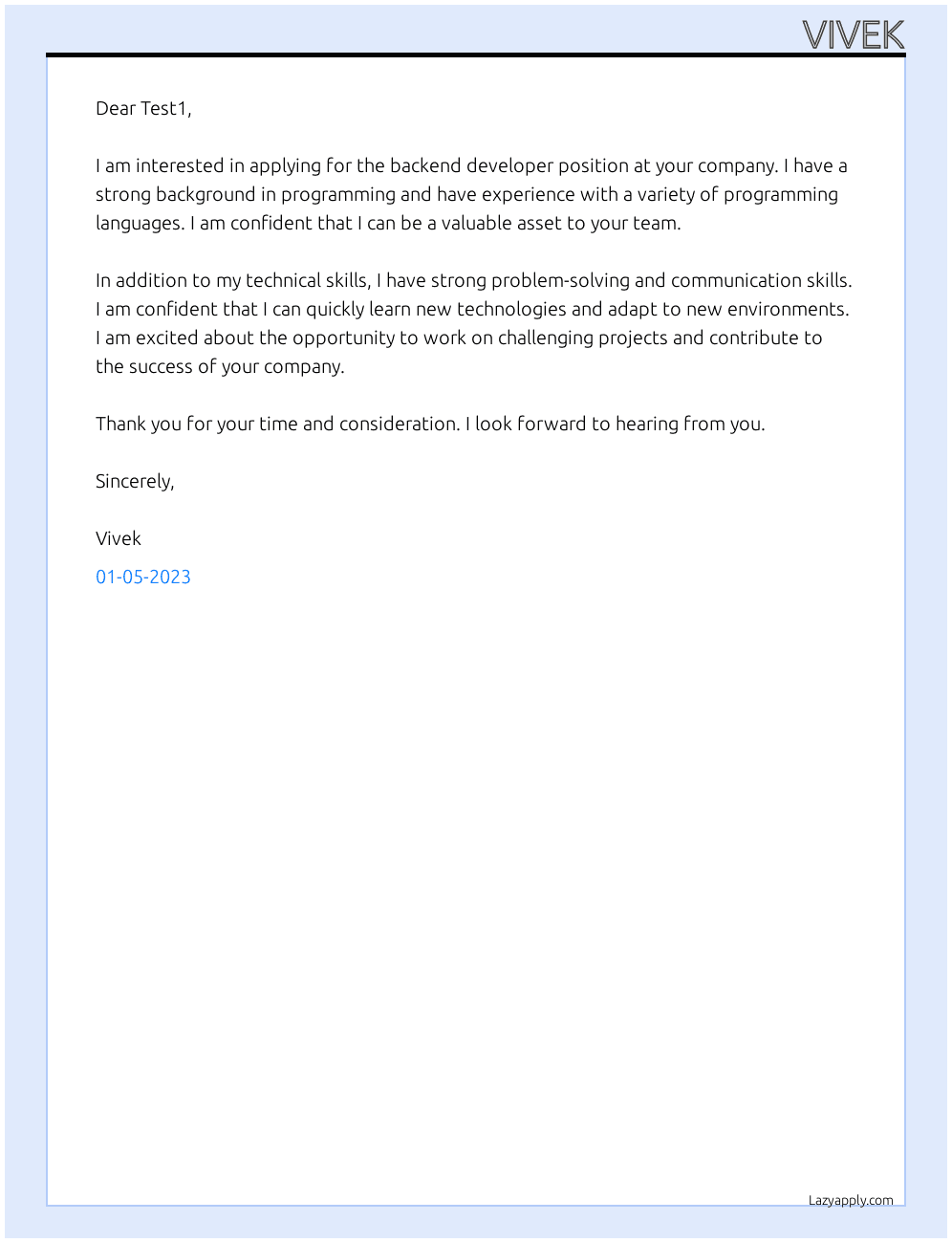backend developer At Test1 Cover Letter