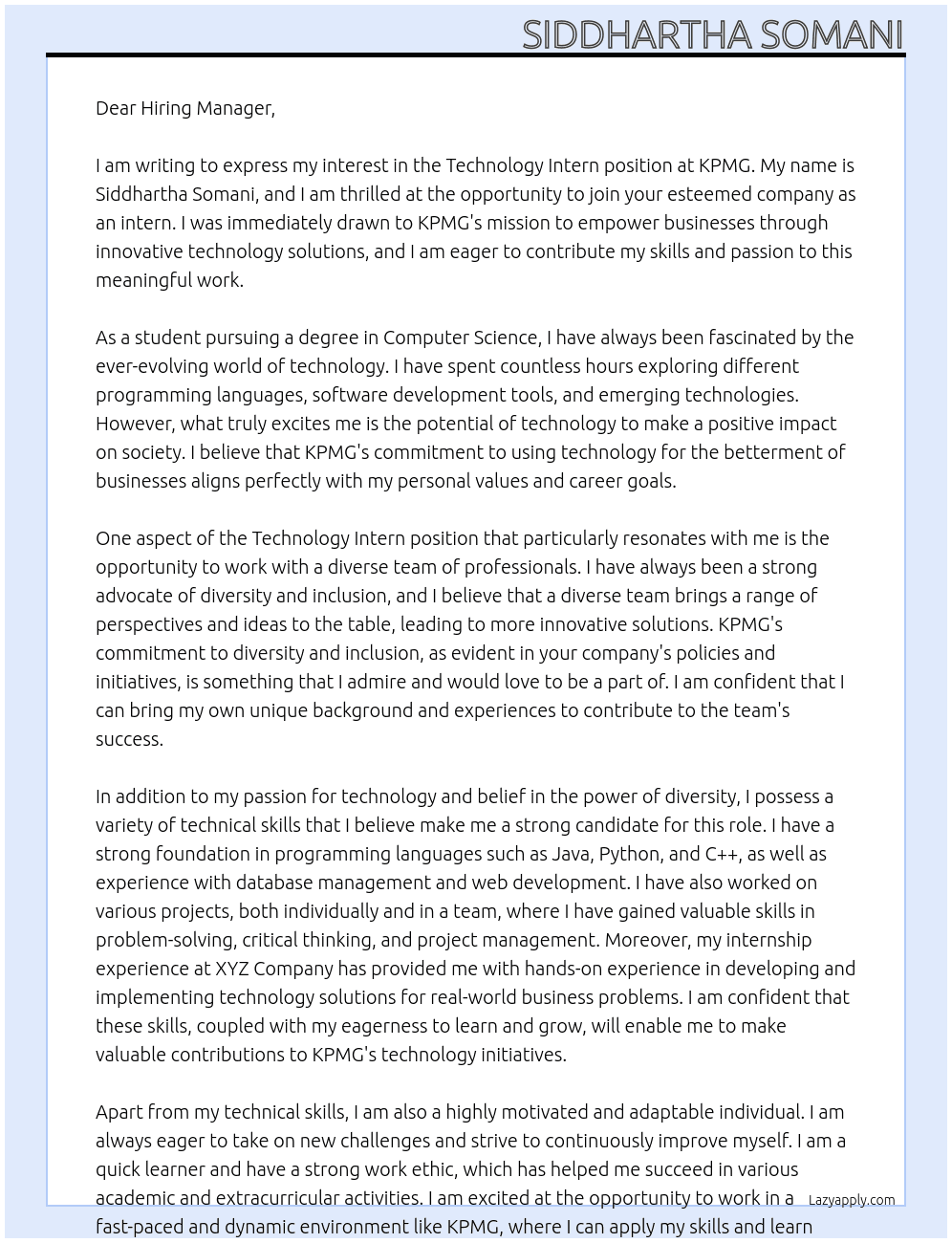Technology Intern At KPMG Cover Letter