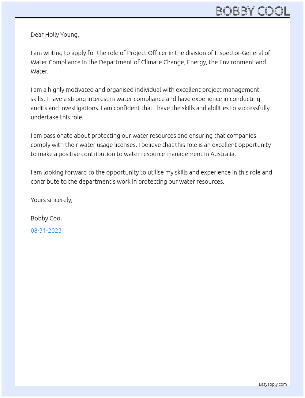 Project officer in the division of Inspector-General of Water Compliance  At Department of Climate Change, Energy, the Environment and Water Cover Letter
