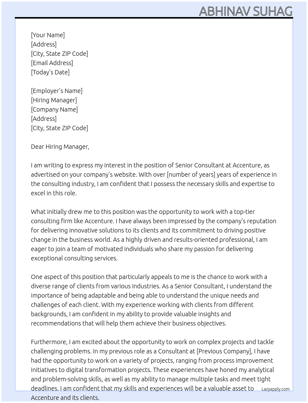 Senior Consultant At Accenture Cover Letter