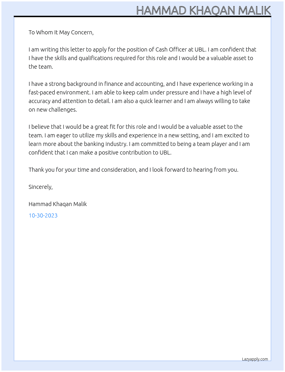 Cash officer  At UBL Cover Letter