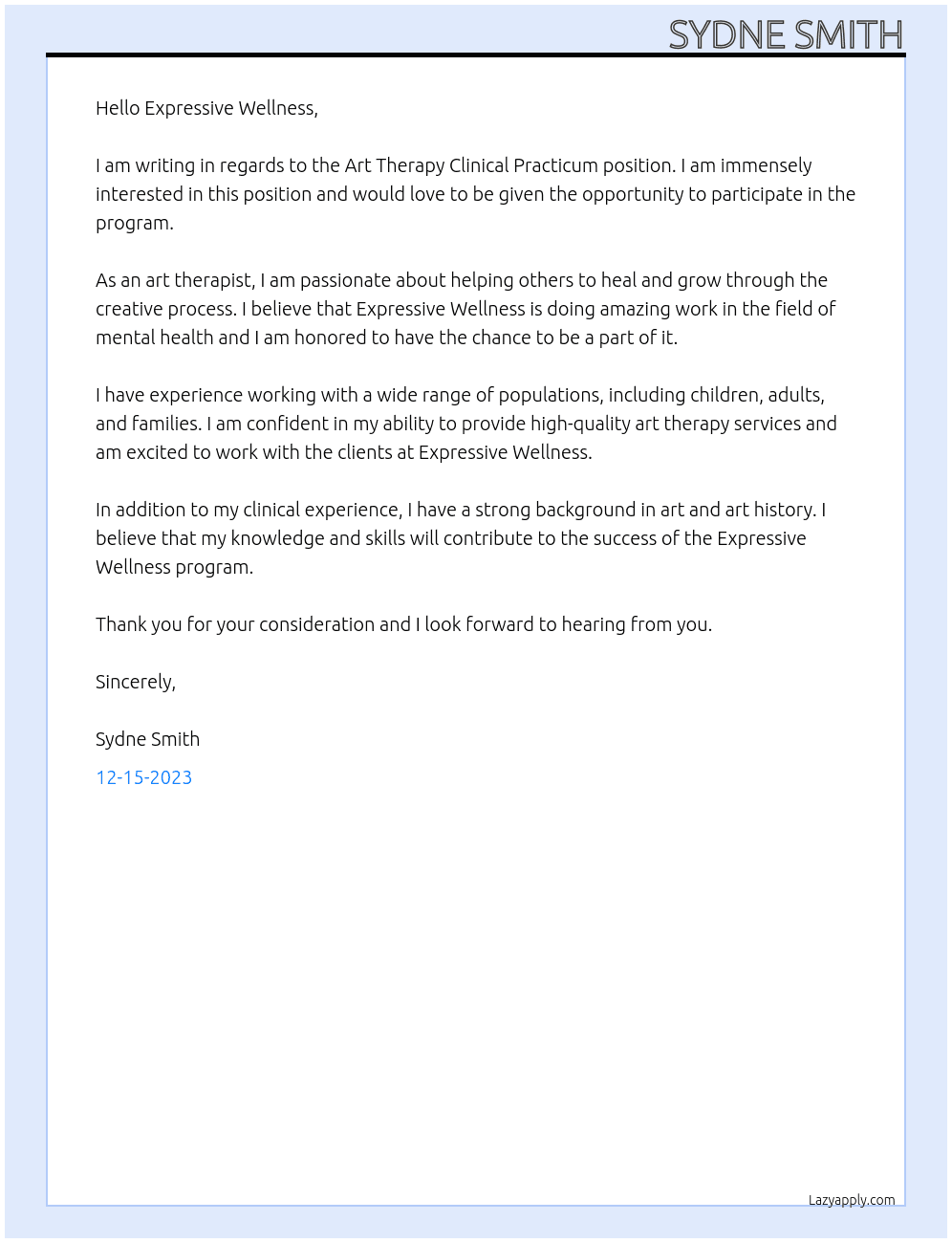 Art Therapy Clinical Practicum  At Expressive Wellness Cover Letter