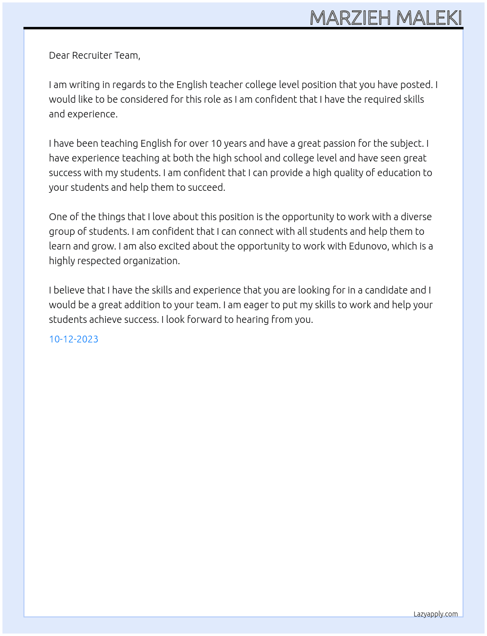 English teacher college level At Edunovo Cover Letter