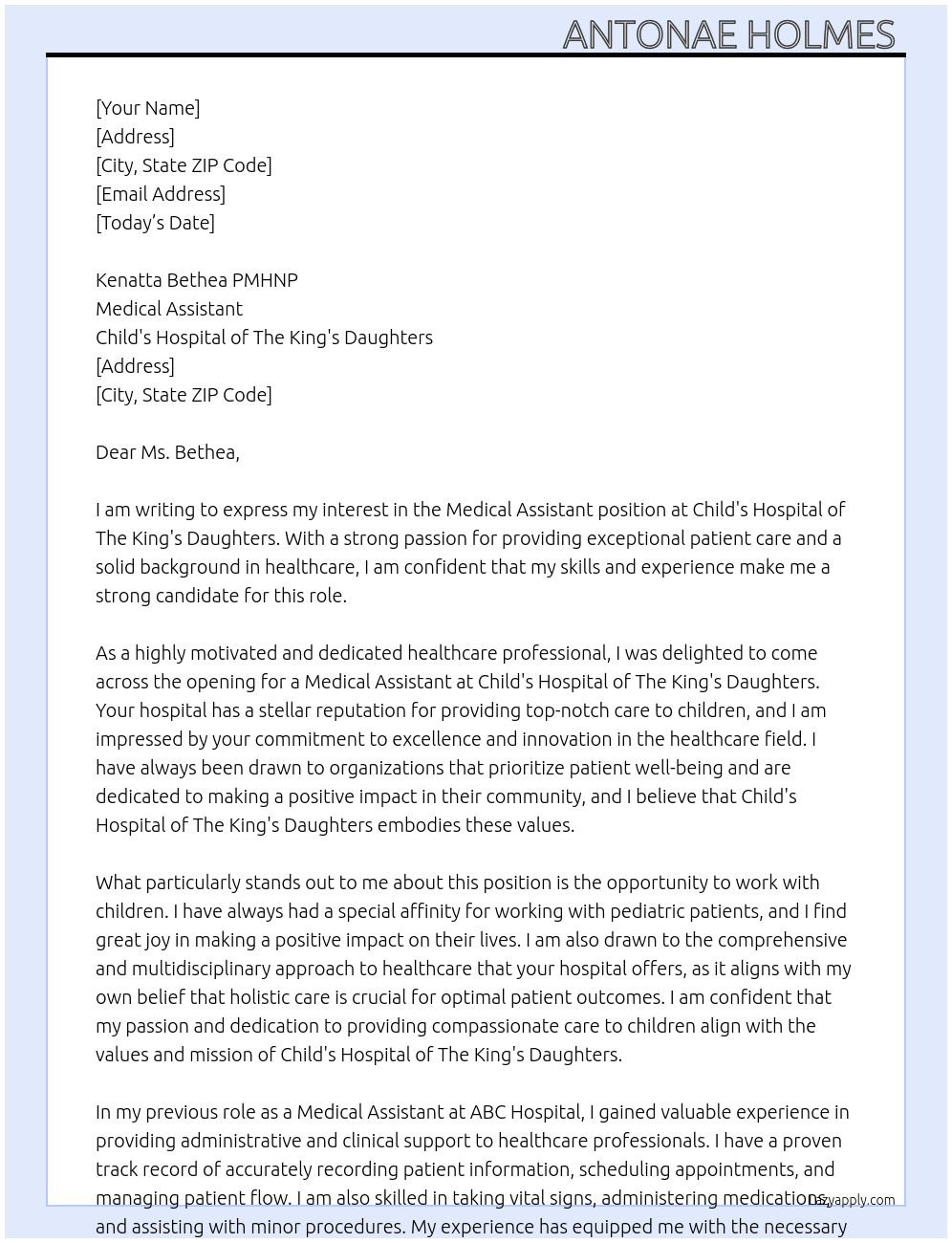 Medical Assistant  At Child's Hospital of The King's Daugthers Cover Letter