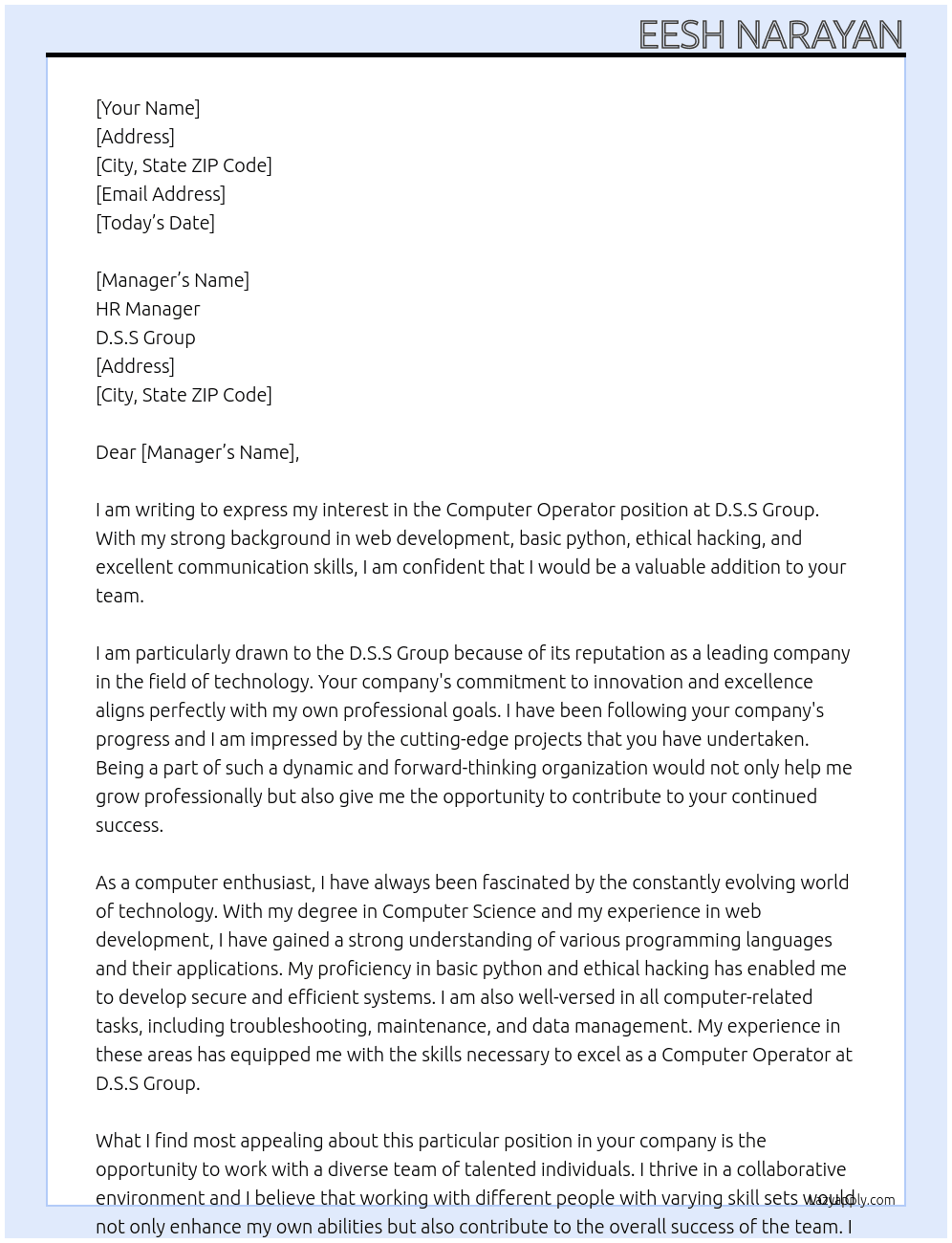 Computer Operator  At D.S.S Group  Cover Letter