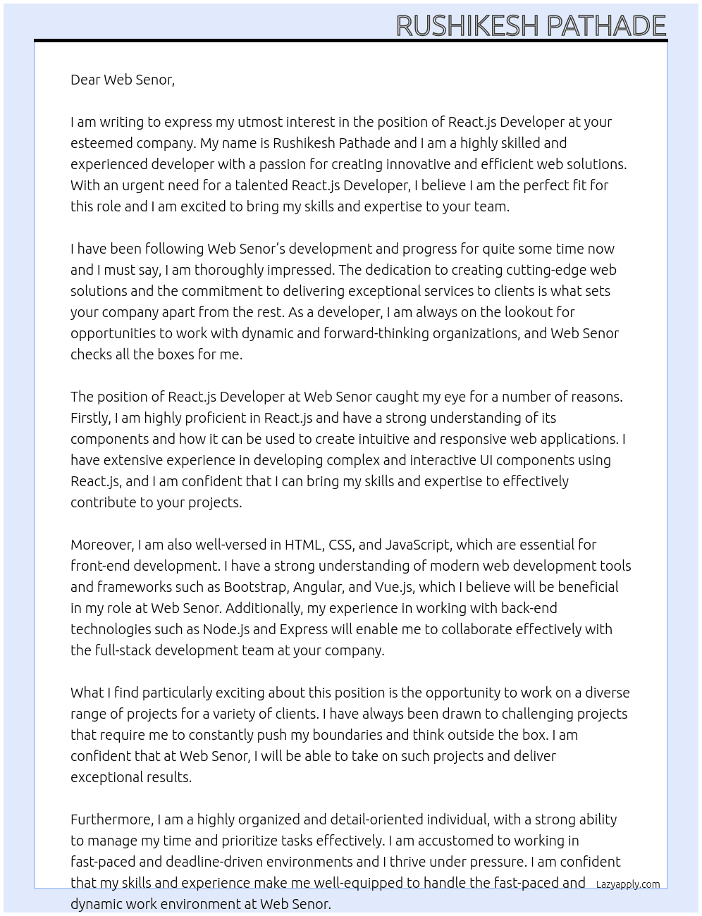 React.js Developer At Web senor Cover Letter