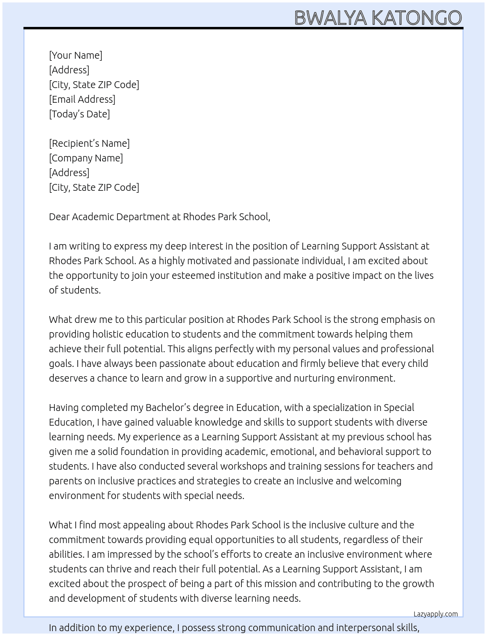 Learning Support Assistant At Rhodes Park School Cover Letter