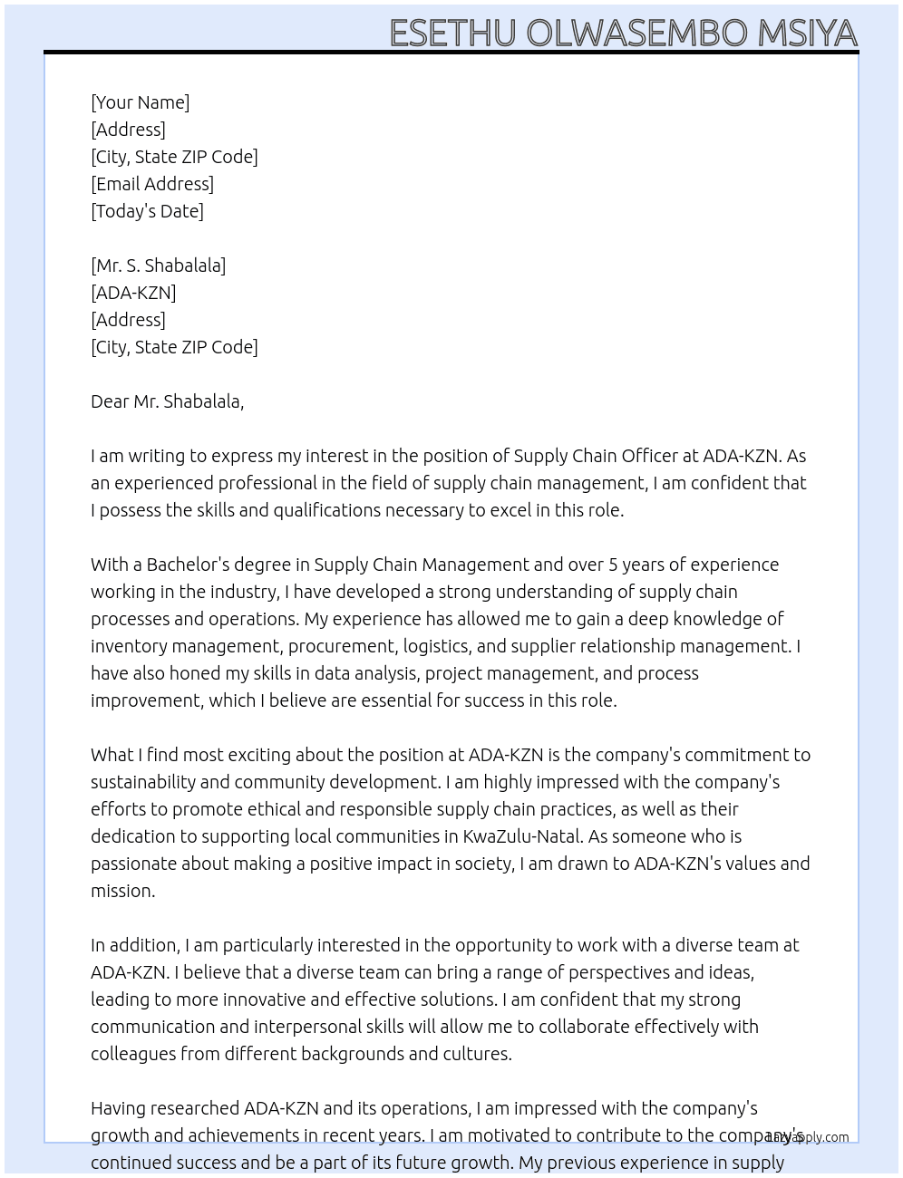 supply chain officer At ADA-KZN Cover Letter