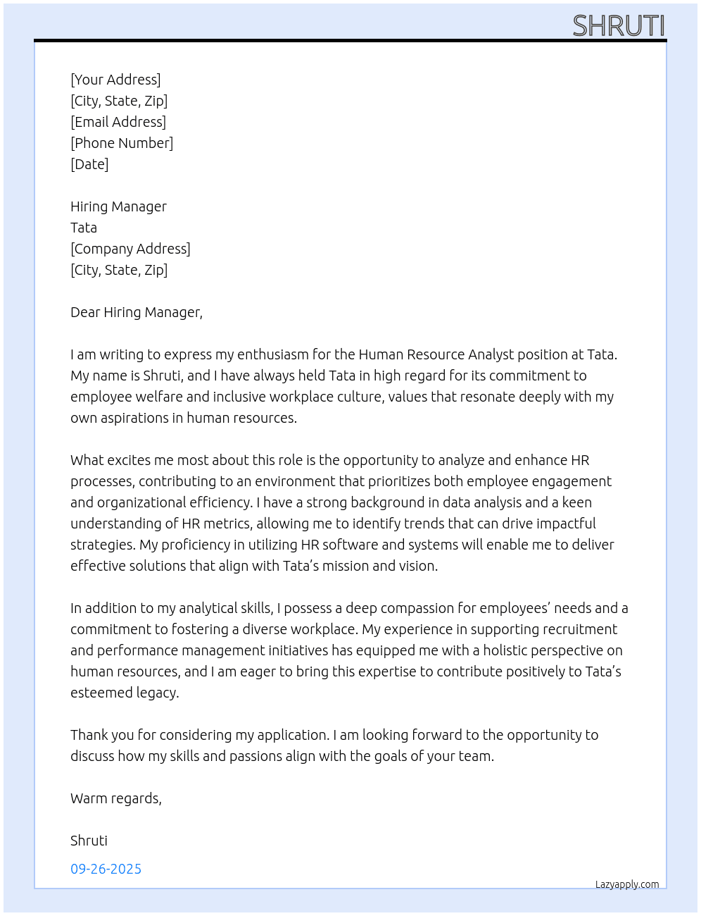 Cover letter for human resource analyst - LazyApply