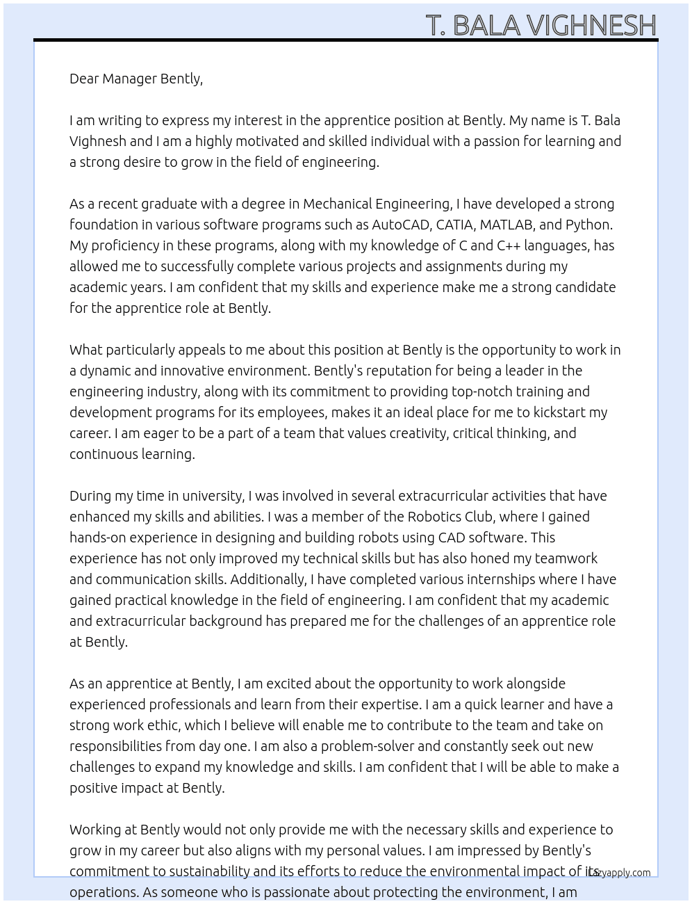 apprientice At Bently Cover Letter
