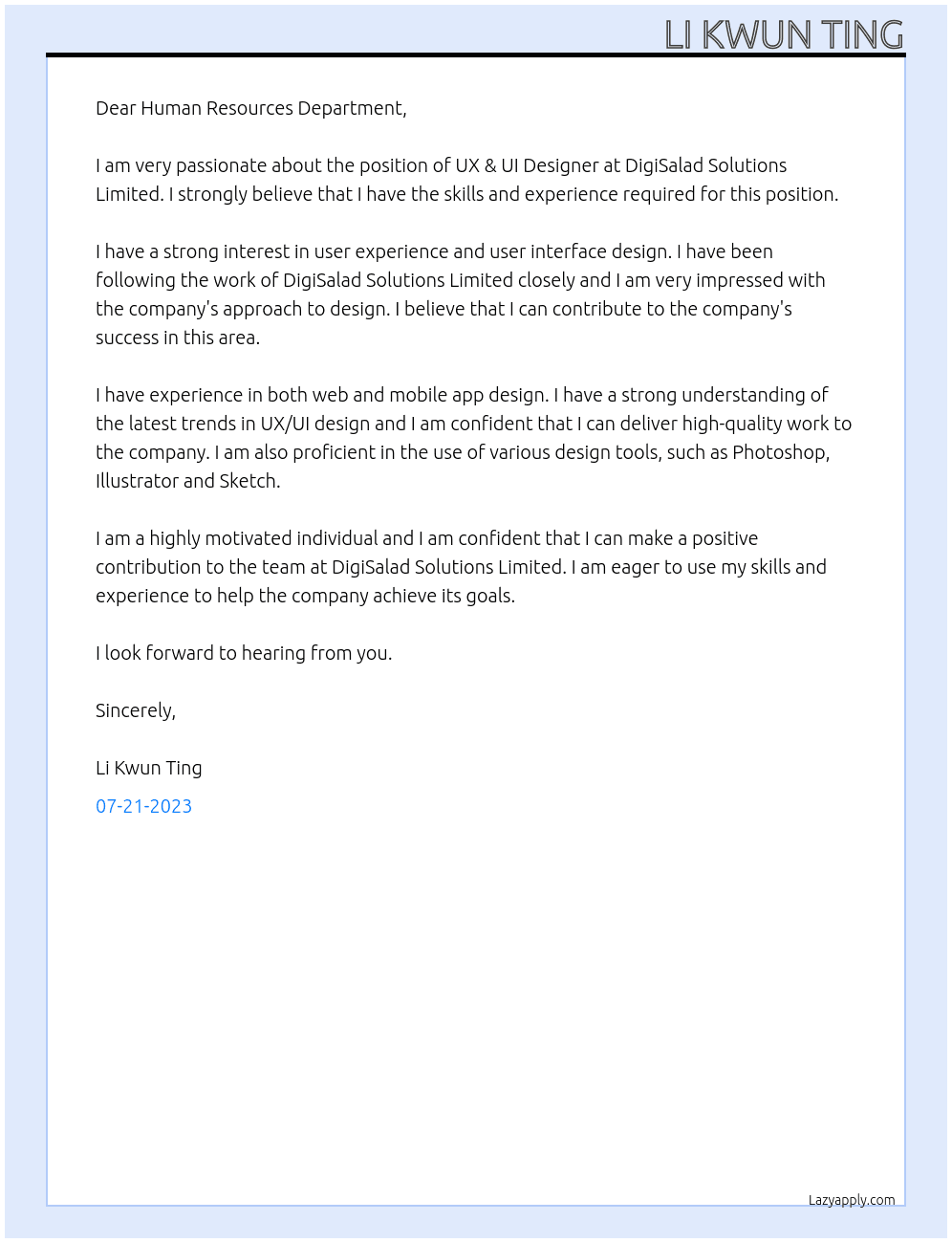 UX & UI Designer At DigiSalad Solutions Limited Cover Letter