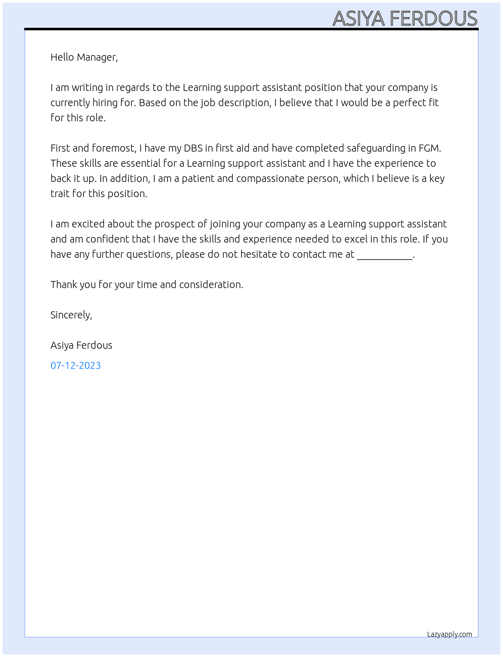 Learning support assistant At School Cover Letter