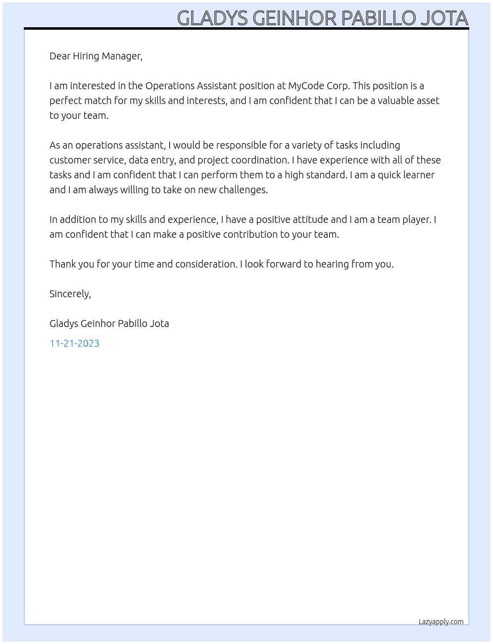 Operations Assistant At MyCode Corp. Cover Letter