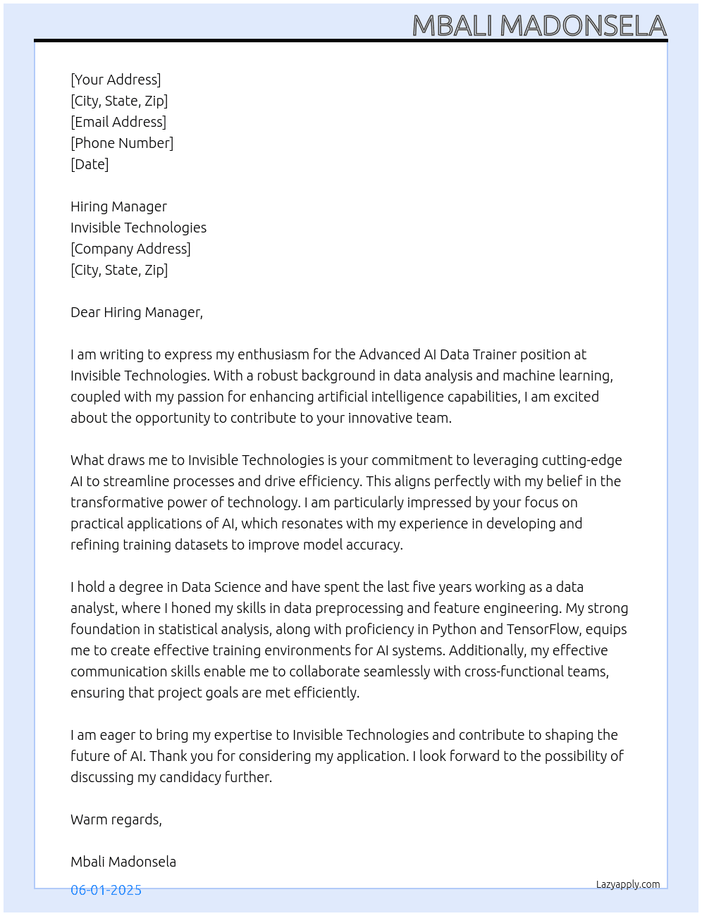 Advanced AI Data Trainer At Invisible Technologies  Cover Letter