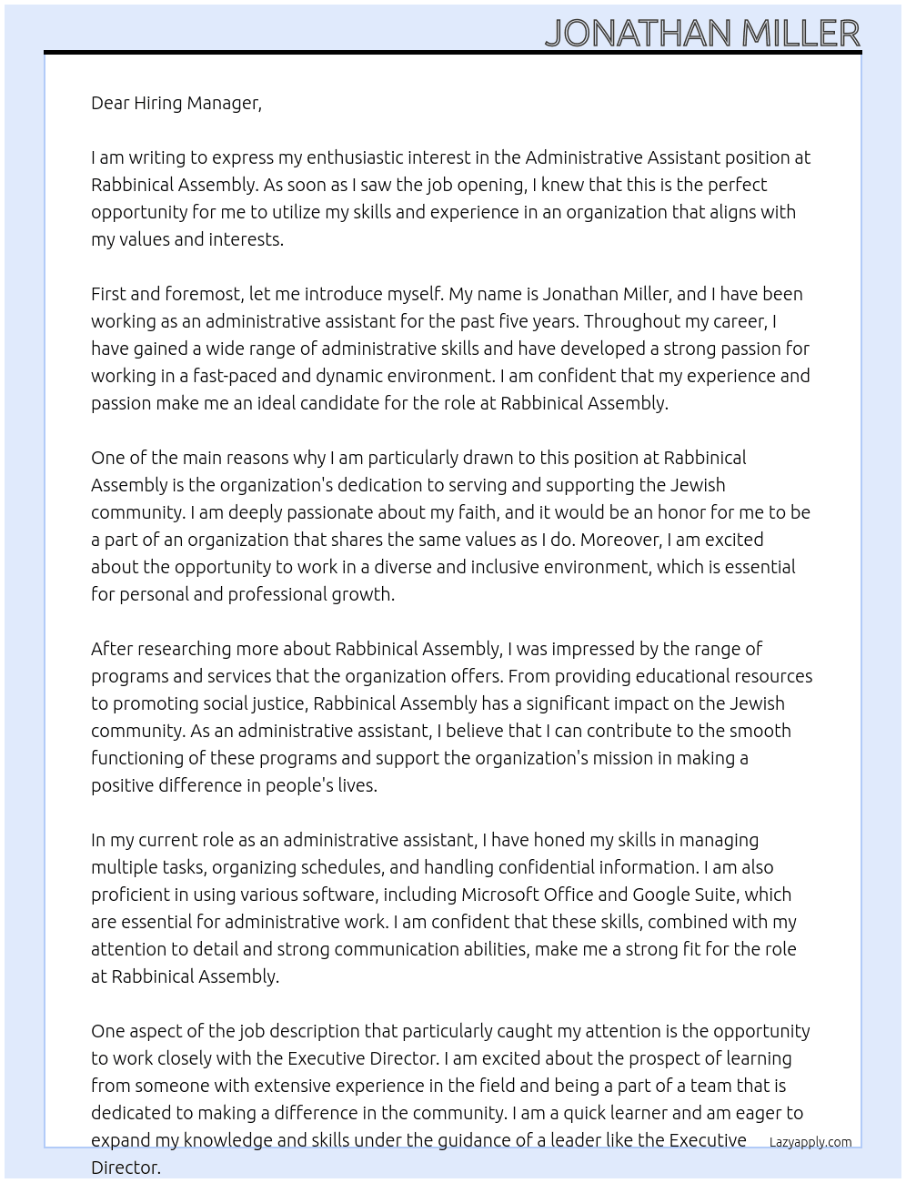 Administrative Assistant  At Rabbinical Assembely Cover Letter