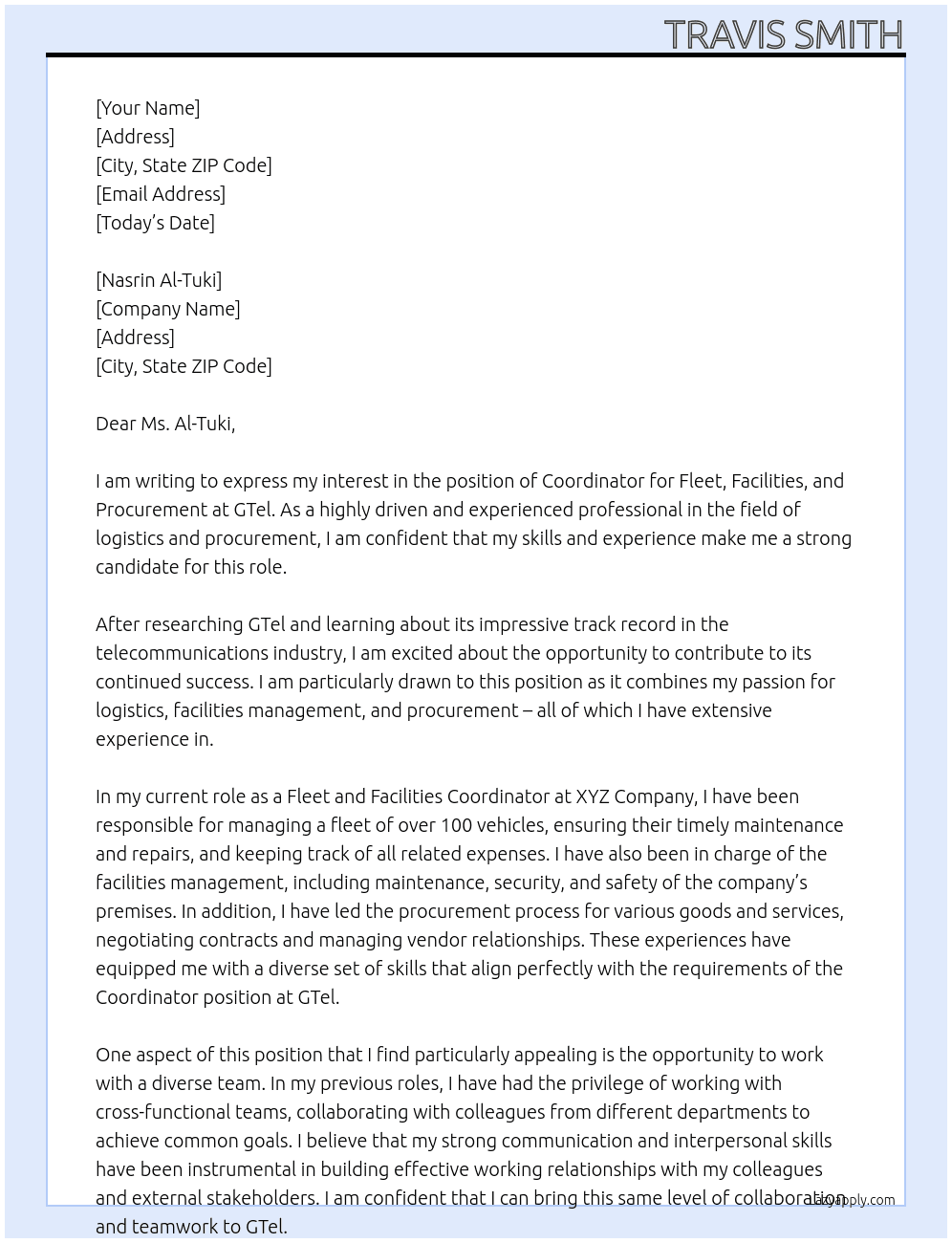 Coordinator, Fleet, Facilities and Procurement At GTel Cover Letter