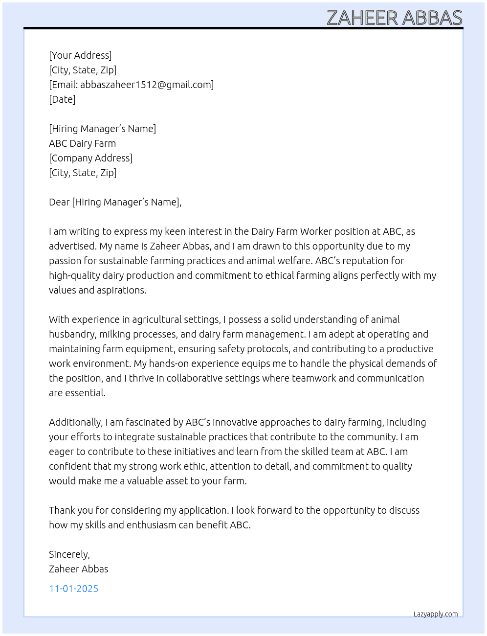Cover letter for dairy farm worker - LazyApply