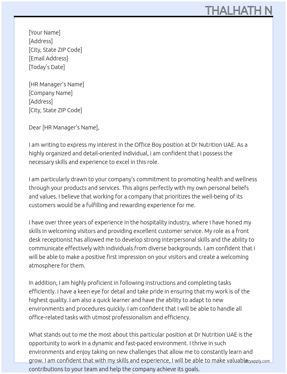 office boy At dr nutrition uae Cover Letter