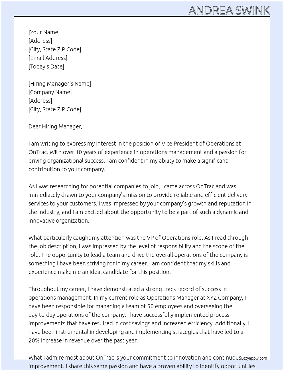 VP of OPerations At OnTrac Cover Letter