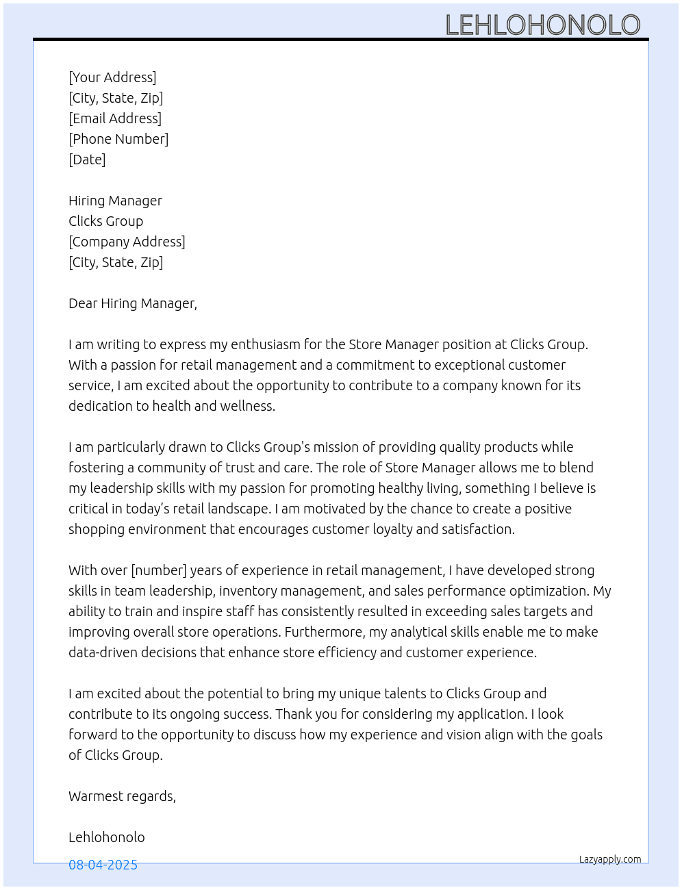Store Manager At Clicks Group Cover Letter