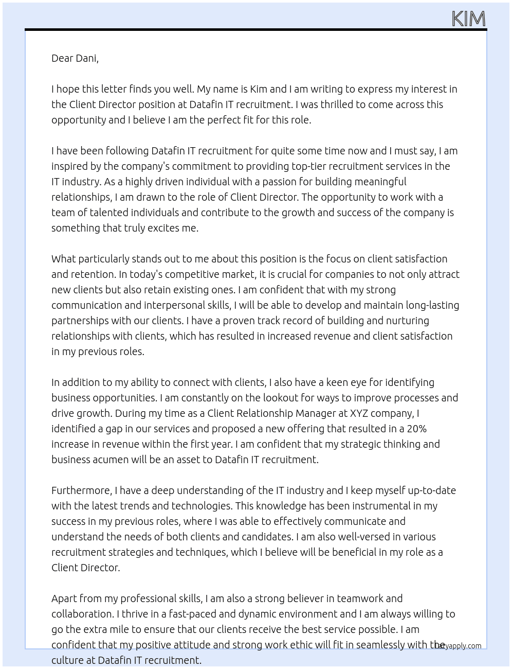 Client Director  At Datafin IT recruitment  Cover Letter