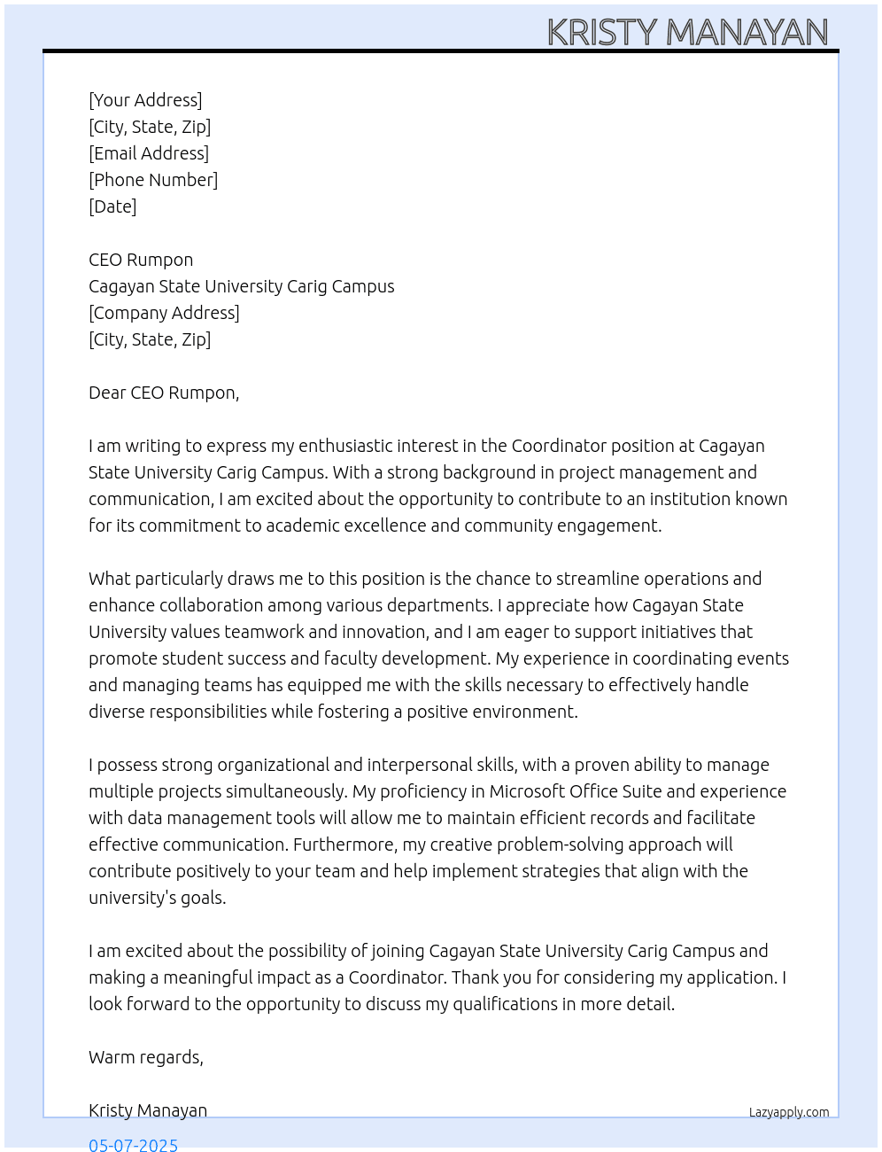 Coordinator  At Cagayan State University Carig Campis Cover Letter