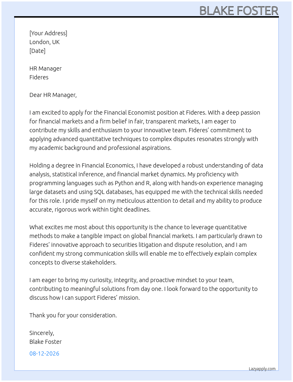 Cover letter for financial economist - LazyApply