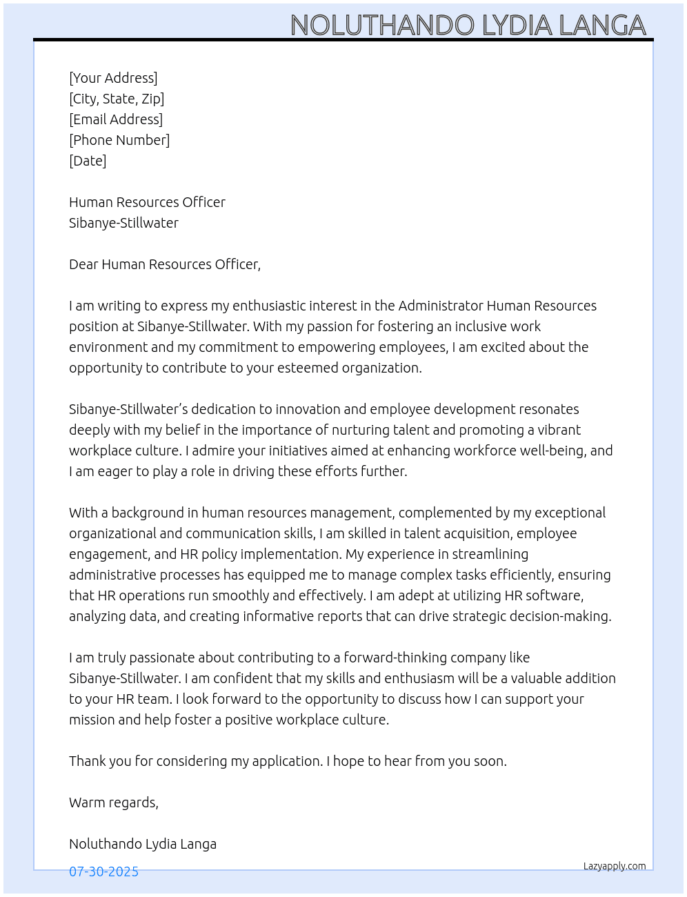 Administrator Human Resources  At Sibanye-Stillwater Cover Letter