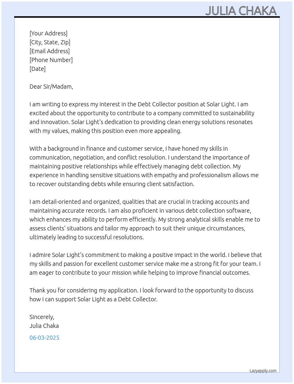 Debt collector  At Solar light Cover Letter