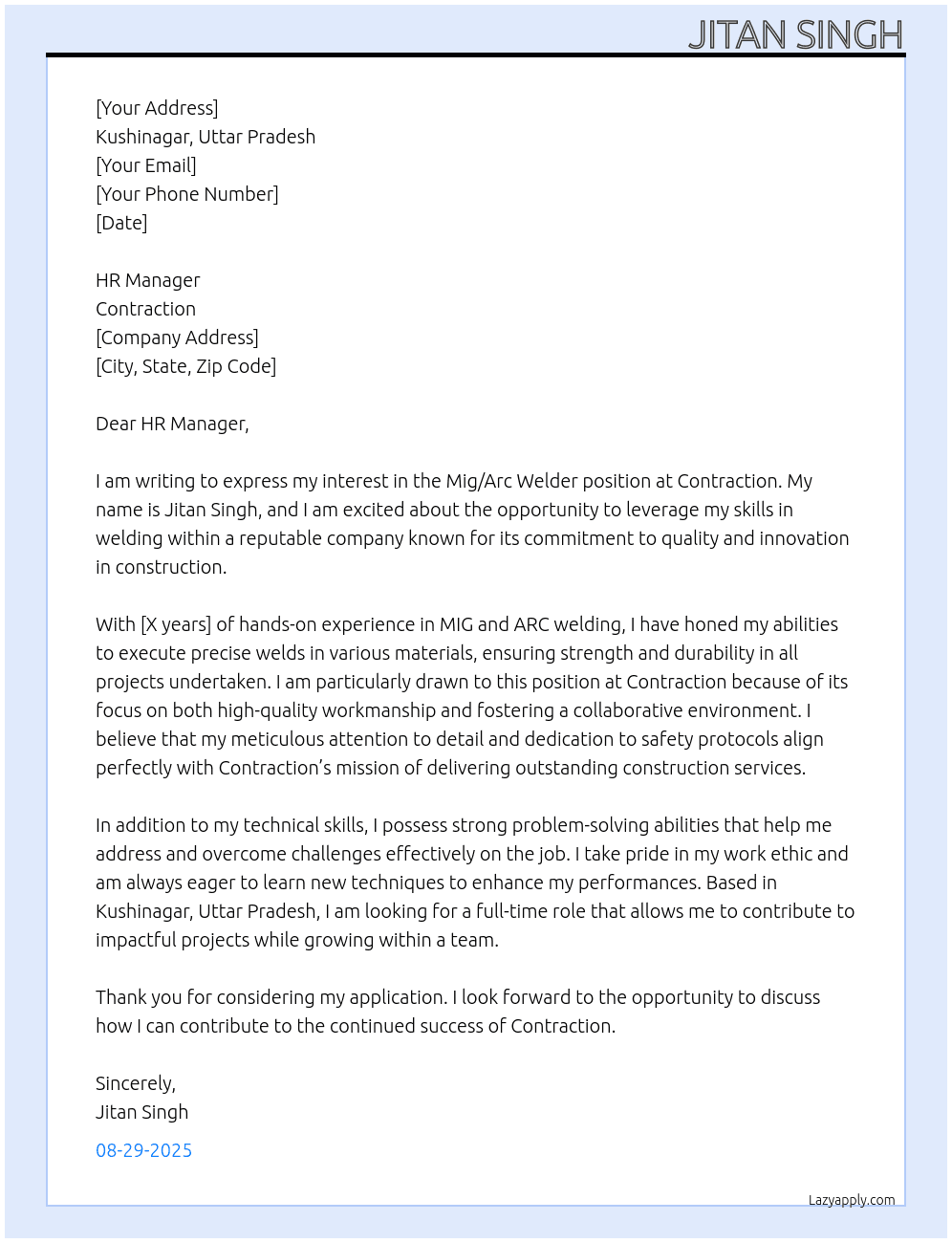 Mig/Arc welder At contraction Cover Letter