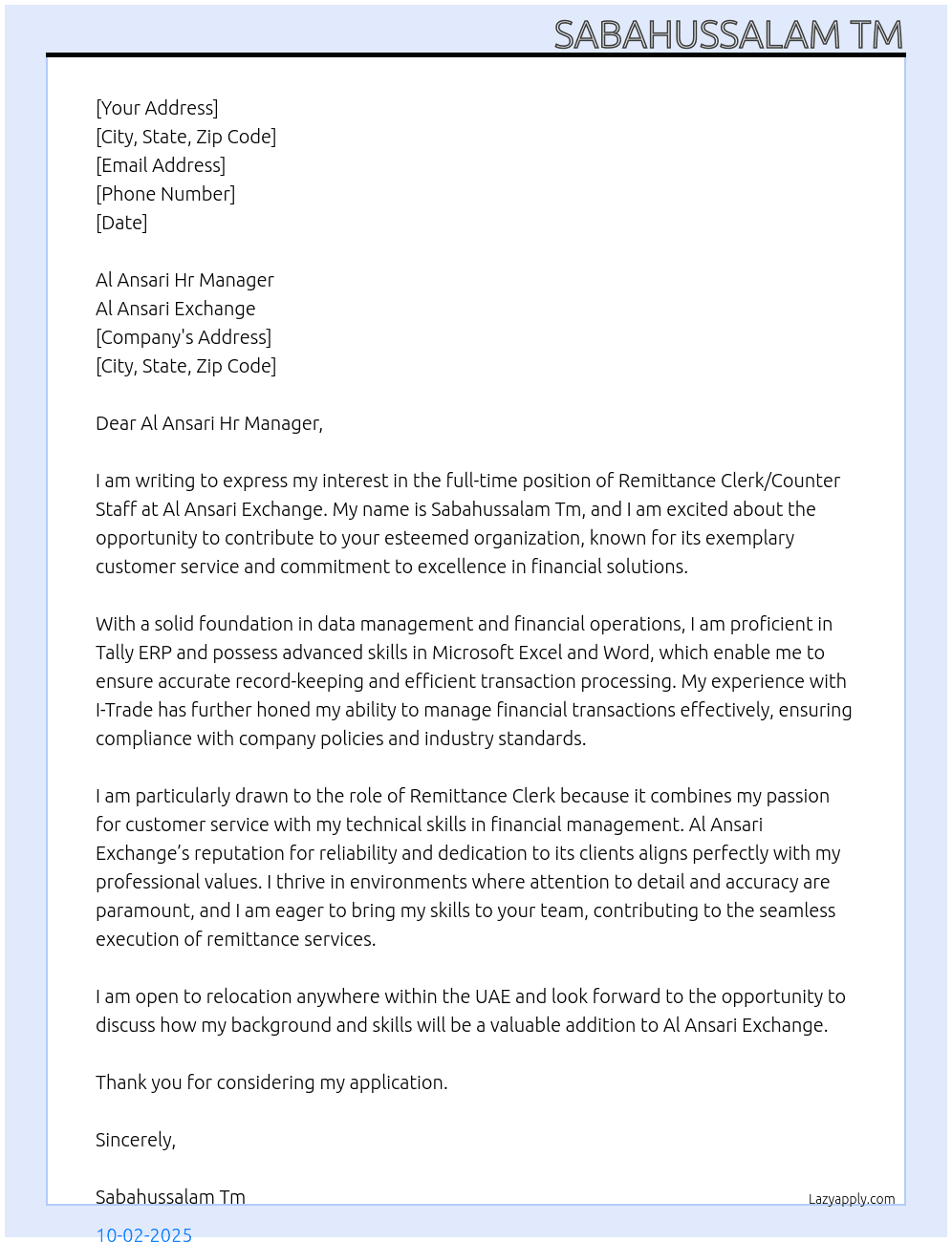 Remittence clerk/Counter Staff At Al Ansari Exchange Cover Letter