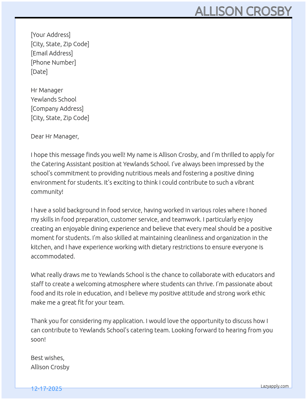 Cover letter for catering assistant - LazyApply